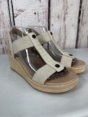 Vionic Calera Wedge Cream Leather & Jute Espadrilles Sandals Size 7 EUC